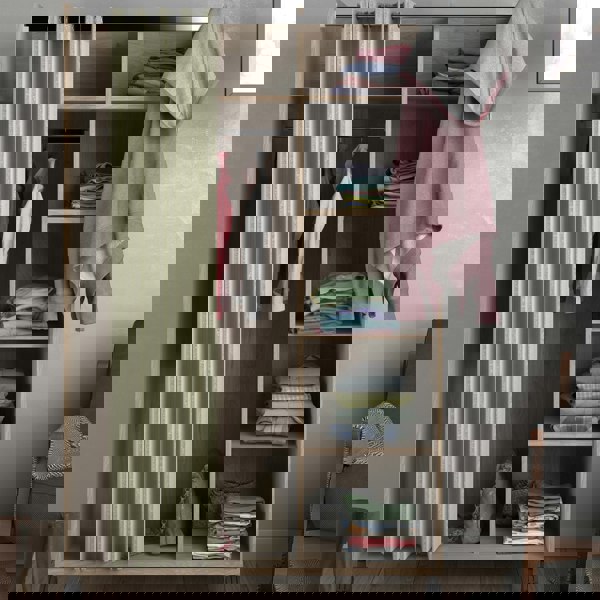 Furniture To Go Uppsala Open Mobile Wardrobe Unit in Jackson Hickory Oak with a Beige Textile Curtain on Wheels