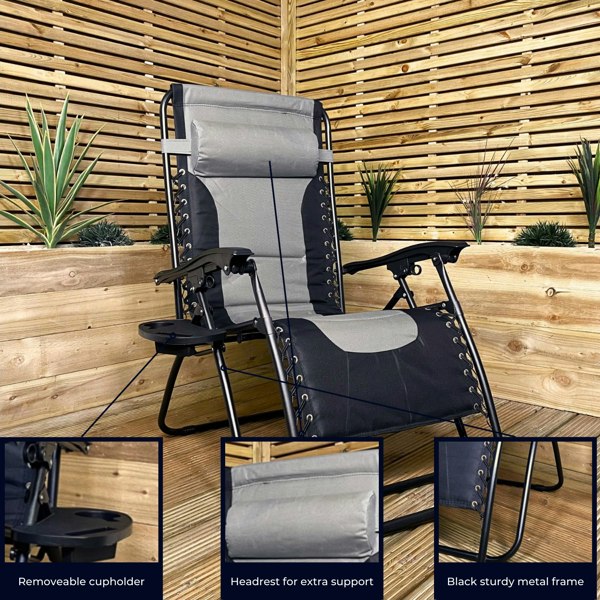 Samuel Alexander Luxury Padded Multi Position Zero Gravity Garden Relaxer Chair Lounger in Grey & Black