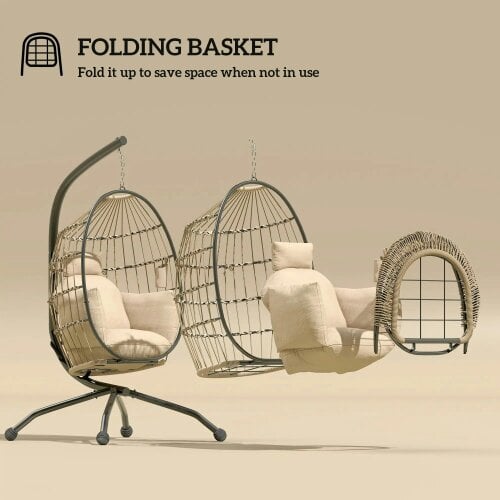 Bobobiy Hanging Egg Chair Garden Swing Chair with Folding Basket and Thickened Cushion, Garden Hanging Chair with Stand, Headrest, Cup Holder, Khaki