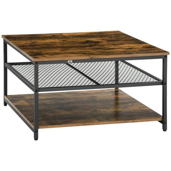 Square rustic brown coffee table with 3-tier shelves and black metal wire panels
