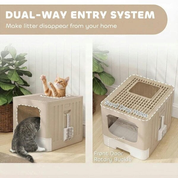 Cat Litter Box with Lid, Slide-Out Drawer, Scoop, Easy Clean, Odour Control, Anti-Splashing, Khaki