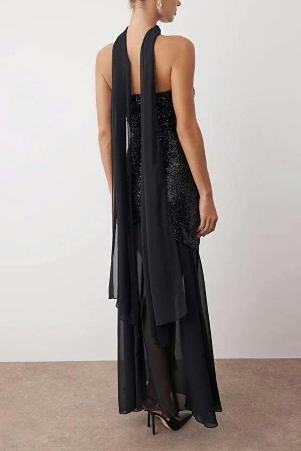 WOVCOR Sequin Woven Maxi Evening Dress with Shawl Detail
