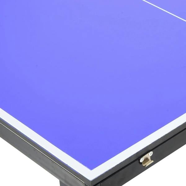 Blue playing surface corner with black border and metal latch on mini table tennis table