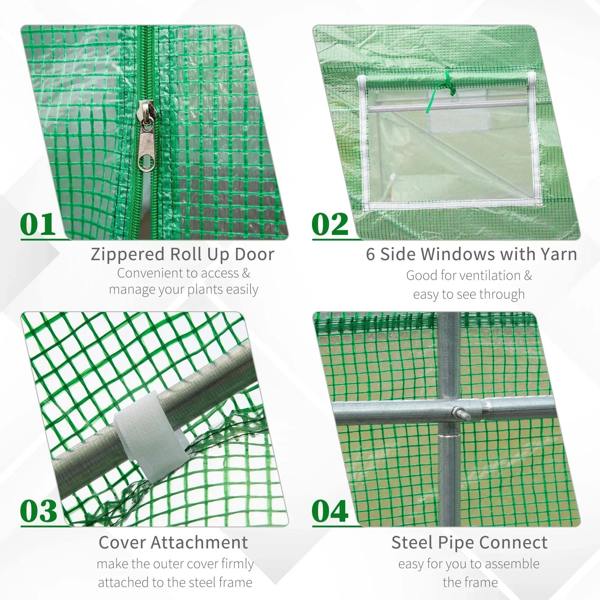Green tunnel greenhouse accessories showing roll-up door and side window panels