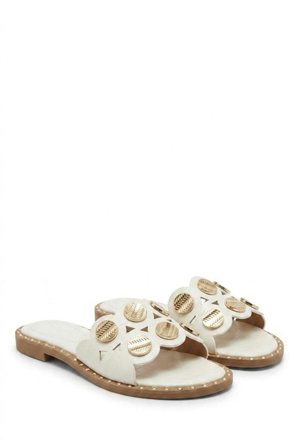 Vivian Studded Strap Flat Sandals - White_wb