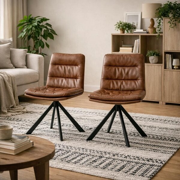 Wyld Haus Set of 2 Havdrup Tan Brown Faux Leather Swivel Dining Chairs