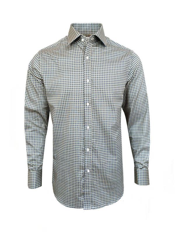 Men’s Beige & Navy Geometric Print Slim Fit Shirt – Double Cuffs