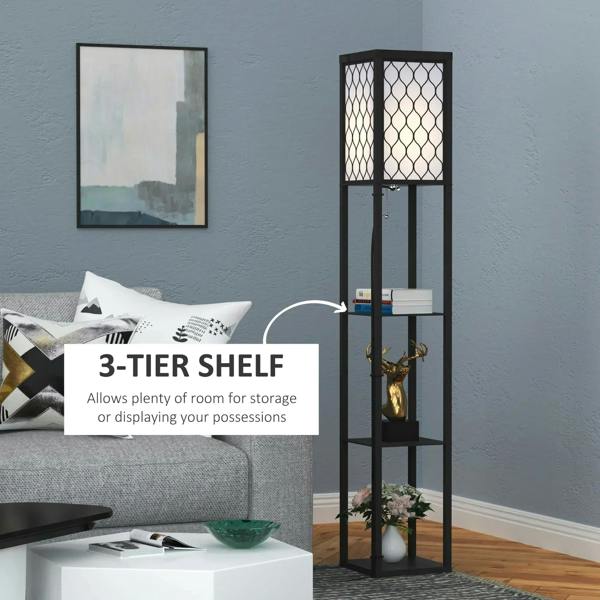 Black 3-tier shelf lamp with lattice lampshade and open shelving frame