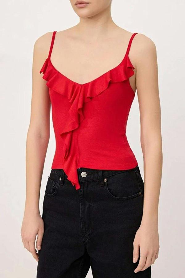 Strappy Ruffled Fitted Knitted Blouse