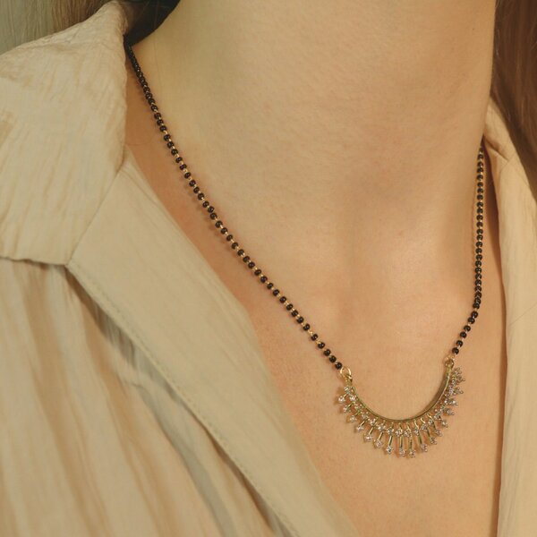 The Colourful Aura Indian Nazaria Gold Sunburst Zircon Mangalsutra Black Beads Pendant Necklace