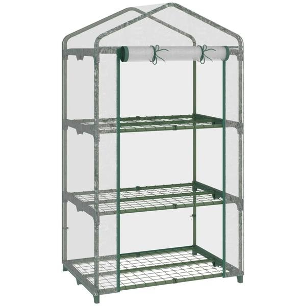 Portable 3-tier mini greenhouse with clear PVC panels and three green wire shelves