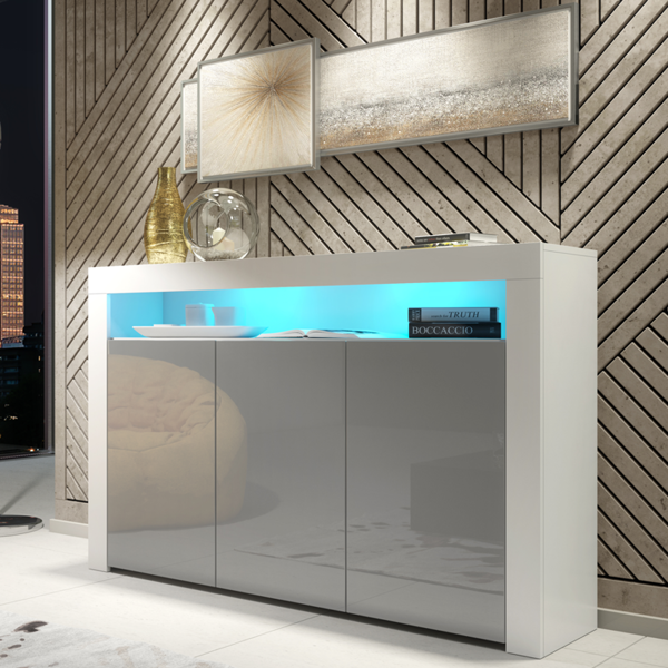 Mex Furniture 155cm Sideboard TV Stand Cupboard Cabinet – Grey High Gloss Doors with Free LED