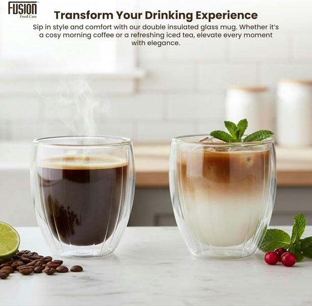 Fusion Food Care Double Walled Glass Coffee Mugs 2x350ml - Coffee Glass Cups for Hot & Cold Drinks - Striped Latte Mugs