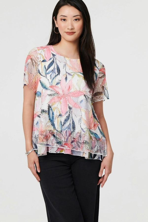 Pink | Floral Short Sleeve Mesh Layered Top
