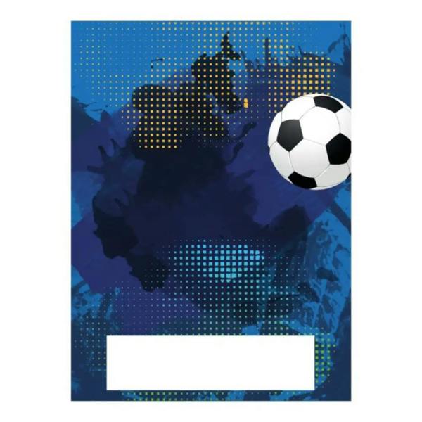 Proud Moments soccer notebook cover with black white ball pattern on blue