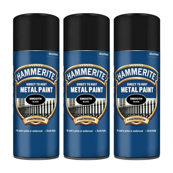 Hammerite 3X Hammerite Smooth Black Spray Paint 400ml