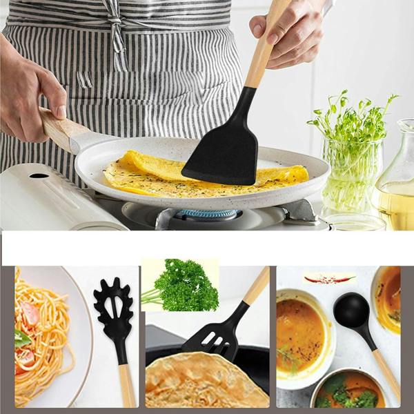 Dragodirect Premium 12-Piece Silicone Cooking Utensils with Durable Wooden Handles