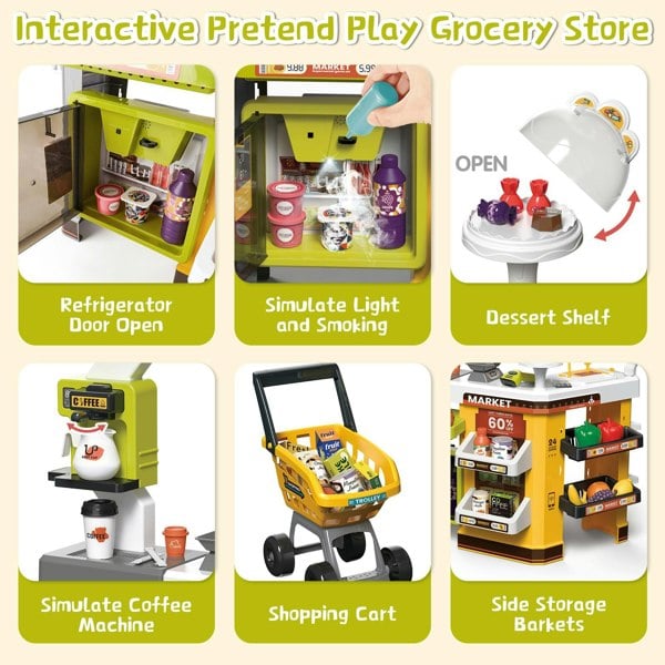 deAO Toys 65 PCS Grocery Store Playset Pretend Supermarket Playset for Kids w/ Shopping Cart Cash Register Play Food Accessories