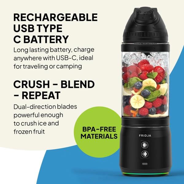 A black Fridja Kitchen Trio f500 portable blender is filled with assorted fruits. It features a USB-C rechargeable battery, dual-direction blades for ice and frozen fruit, BPA-free materials, and works like a cold-press juicer.