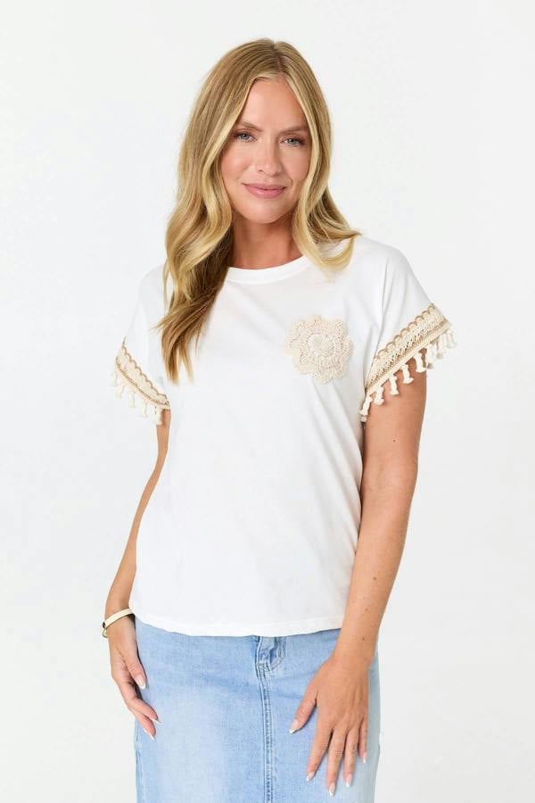 White | Crochet Embellished Short Sleeve T-Shirt