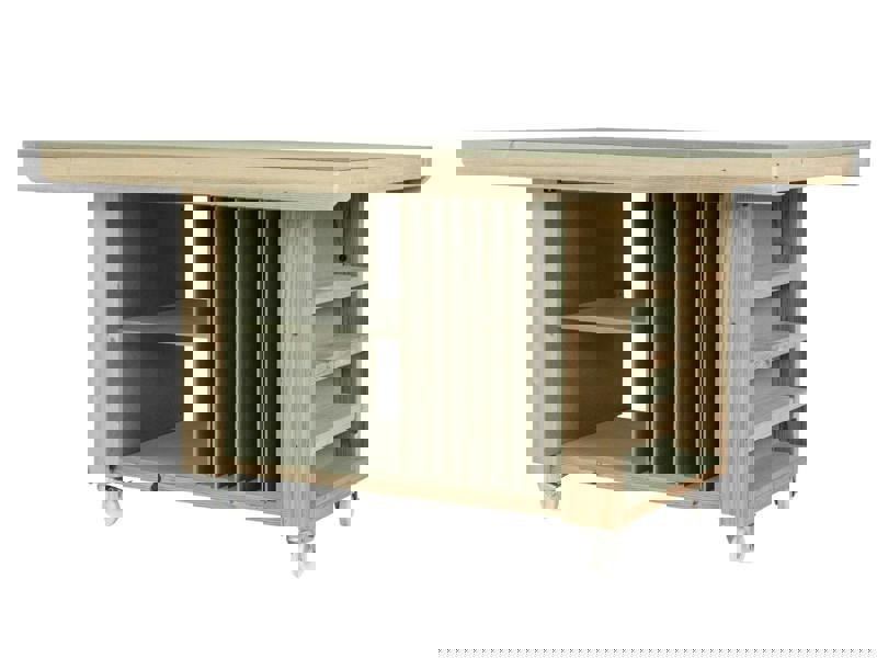 Art/Craft Project Workbench with Storage V.3 features a durable, moisture-resistant 18mm MDF top, ideal for creative projects and precision work. This design includes 7 vertical sections on one side for organizing materials and a double shelf on the other for versatile storage options