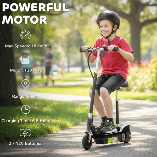 Black powered e-scooter with child rider, front view on park path.
