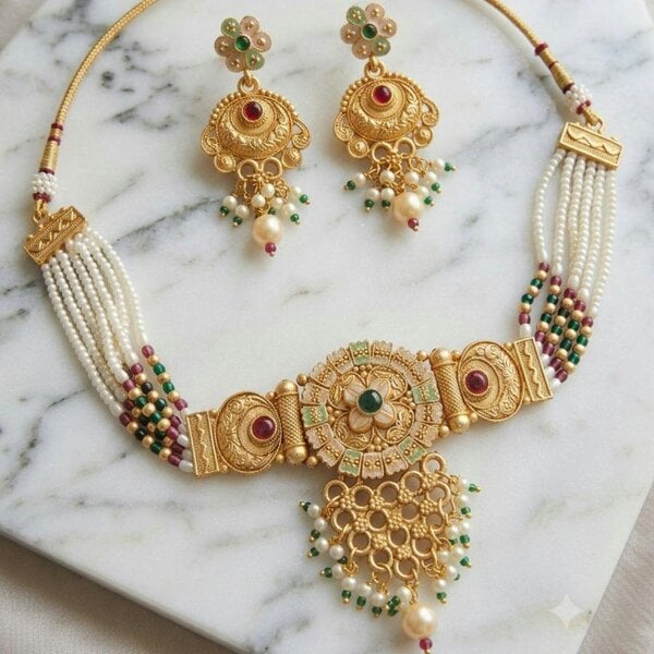The Colourful Aura 18k Gold Plated Kundan Choker Necklace Set with Earrings