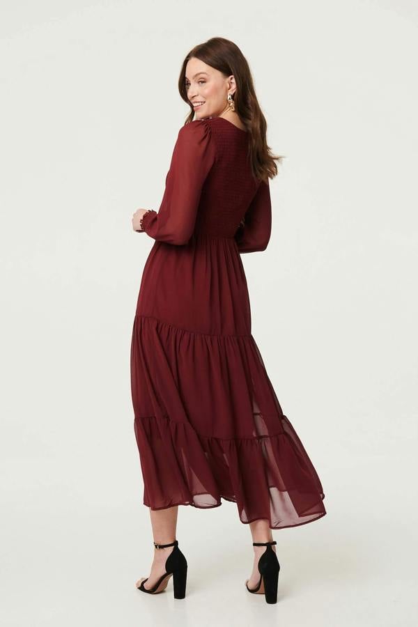 Red | Semi Sheer Layered Tiered Maxi Dress
