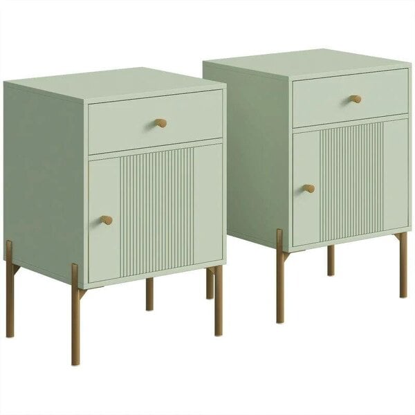 Modern Bedside Tables Set of 2, Side Tables with Drawer and Metal Legs for Living Room, Bedroom, Light Green