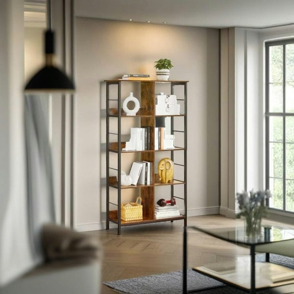 Modcraft Bookcase Ladder Shelf 4 Tier Rustic Brown and Black Display Rack for Living Room or Office