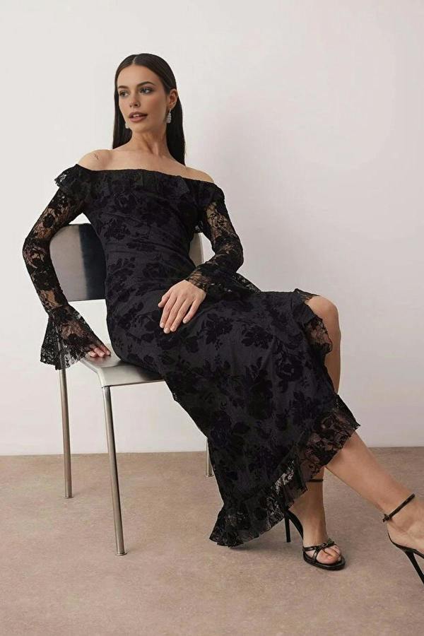 WOVCOR Ruffled Flocked Tulle Printed Maxi Dress with Lining