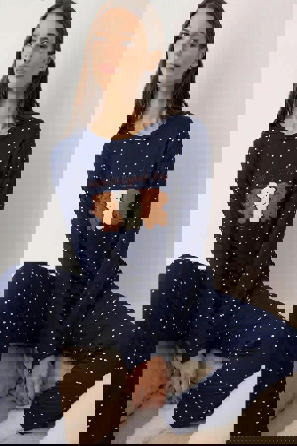 WOVCOR 2-Piece Blue Polka Dot Teddy Bear Patch Soft Touch Winter Knitted Pajama Set