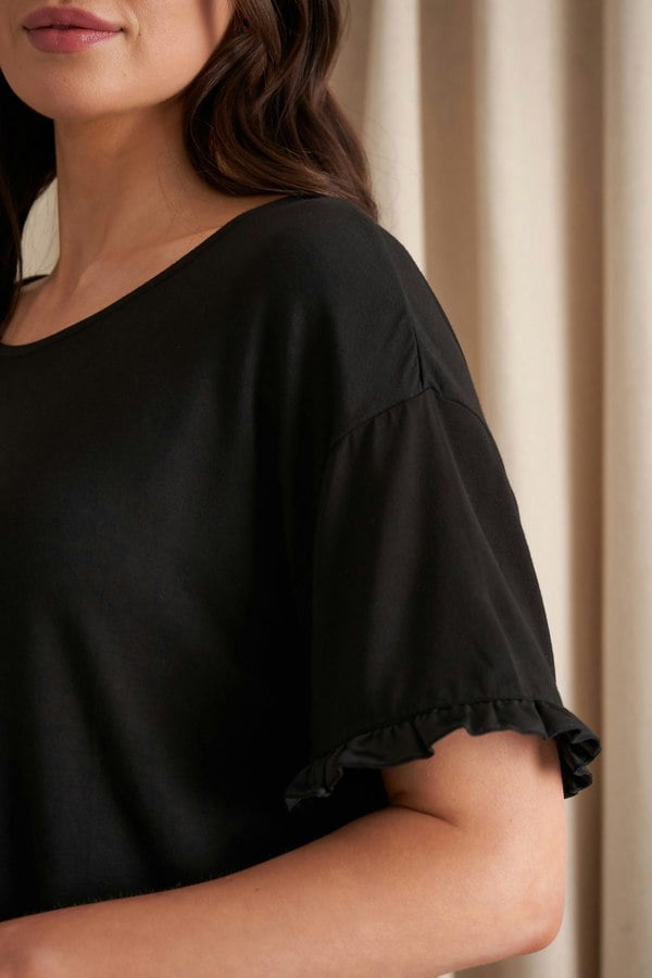 Pretty You London Women's Bamboo Frill Tee Trouser Set in Black
