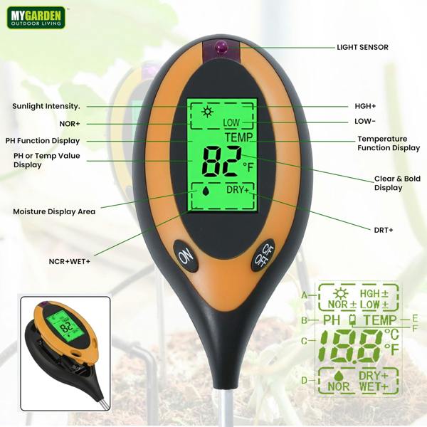My Garden Digital Soil Meter 4-in-1 - PH Meter for Soil, Moisture Meter, Temperature & Sunlight Sensor - Plant Moisture Tester