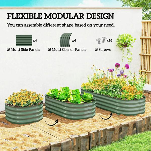 Set of green modular metal raised garden beds in different shapes with flowers