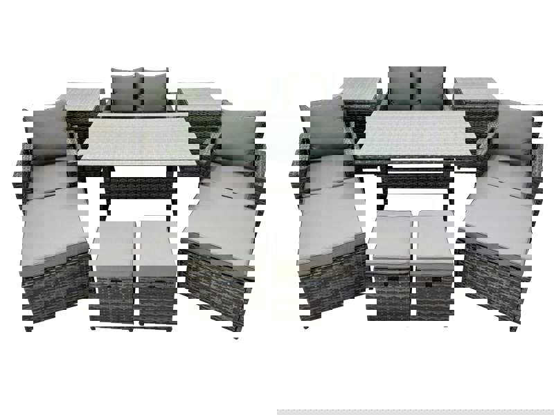 Fimous 8 Seater Rattan Garden Furniture Set with Dining Table, Sofa, 2 Side Tables, 2 Chairs  & 4 Footstools - Dark Grey