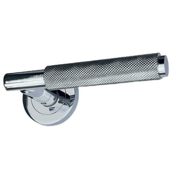 EDH Door Hardware Polished Chrome Knurled Door Handles on Round Rose – Modern Internal Lever Latch Handles
