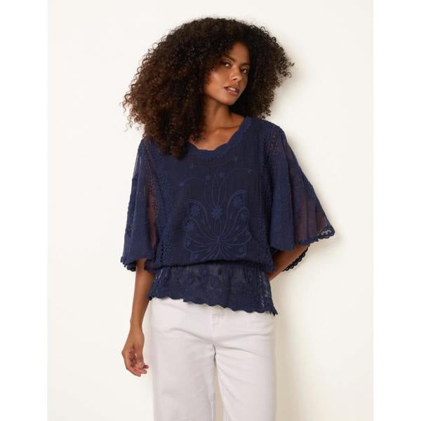 Blue Vanilla Floral Lace Butterfly Sleeve Blouse