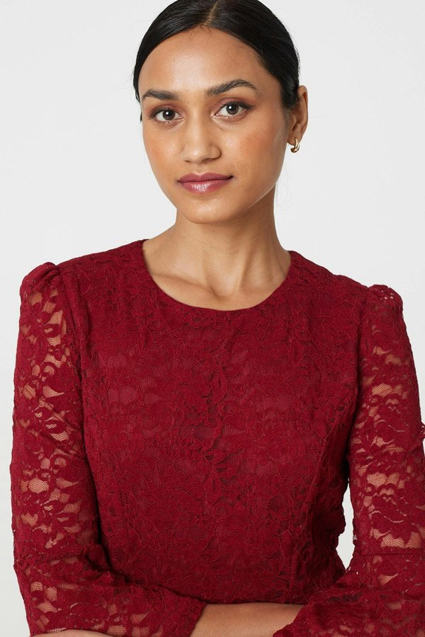 Red | Lace Semi Sheer 3/4 Flute Sleeve Midi Dress
