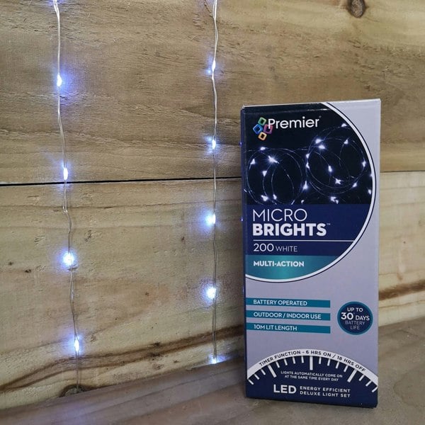 Samuel Alexander 200 LED 10m Premier MicroBrights Indoor Outdoor Christmas Multi Function Battery Operated Lights with Timer on Pin Wire in Cool White