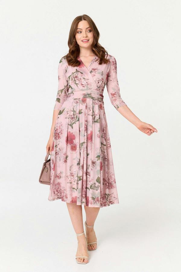 Pink | Floral 3/4 Sleeve Wrap Front Midi Dress
