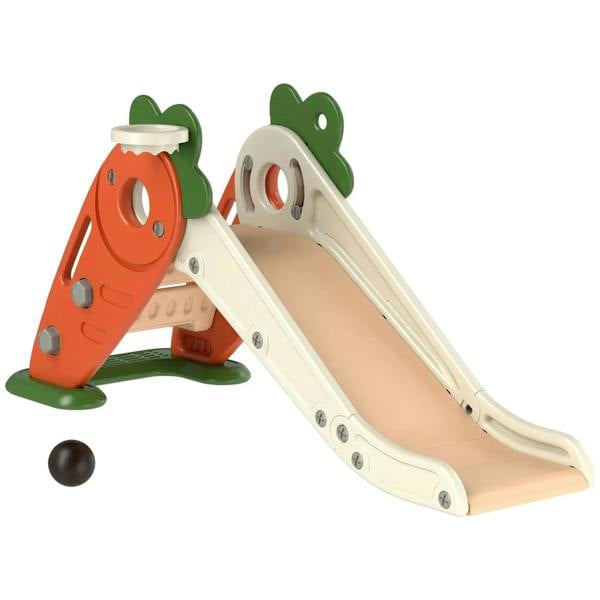 Orange foldable toddler slide with carrot face, curved ramp and green support frame