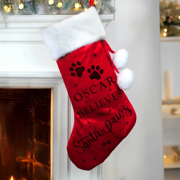 Personalised Memento Company Personalised Santa Paws Christmas Red Stocking