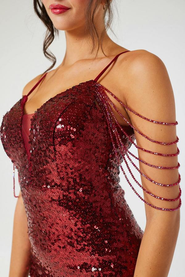 LuvForever Wine Jewelled Shoulder Sequin Mini Dress