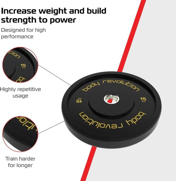 Black Olympic bumper plate, 15kg, durable rubber material, designed for high performance and repetitive use, features a central hole for easy handling