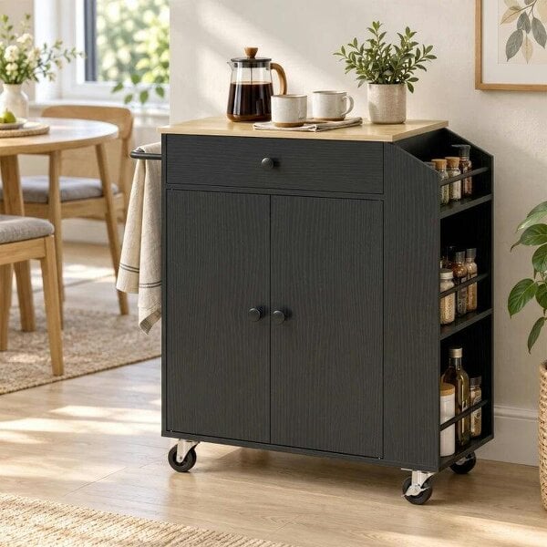 Rolling Kitchen Island with 3-Tier Spice Rack, Kitchen Storage Cart with Drawer and Towel Rack, Black