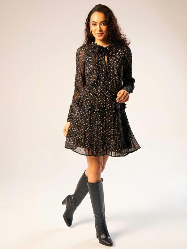 Rose & Nancy Tara Black Star Print Metallic Polka Dot Mini Dress
