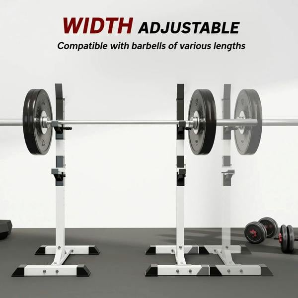 Width-adjustable black barbell squat stand rack with adjustable uprights and base plates