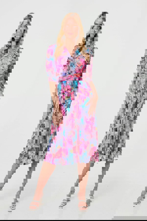 Pink | Abstract 3/4 Sleeve Midi Wrap Dress
