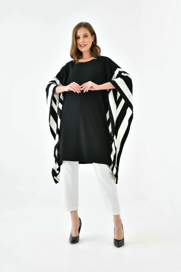 Hoxton Gal Oversized Wide Sleeve Tunic Dress with White Stripe Details in Black